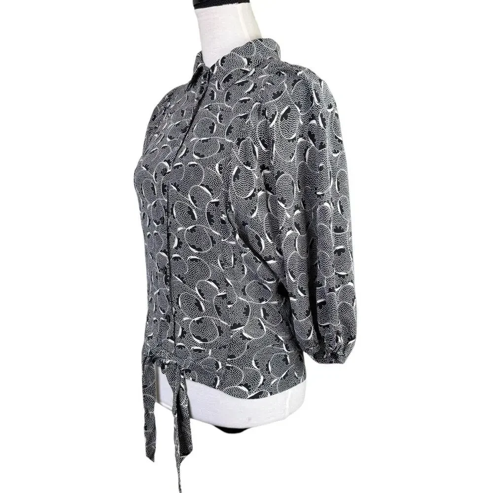 Maple Anthropologie 100% Silk Black White Print Tie Front Relaxed Fit Blouse